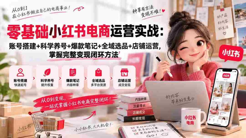 零基础小红书电商运营实战：账号搭建+科学养号+爆款笔记+全域选品+店铺运营，掌握完整变现闭环方法