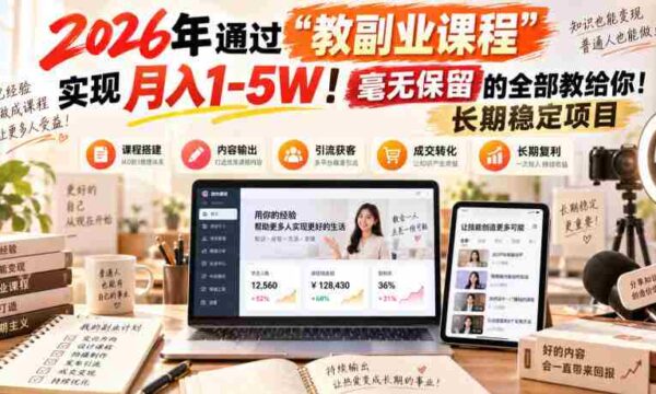 2026年通过“教副业课程”实现月入1-5W！毫无保留的全部教给你！长期稳定项目