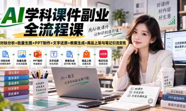 AI学科课件副业全流程课｜对标分析+批量生图+PPT制作+文字还原+教案生成+商品上架与笔记引流变现