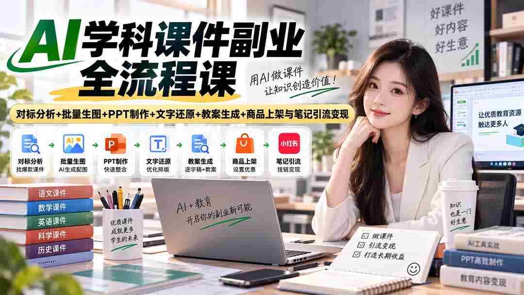 AI学科课件副业全流程课｜对标分析+批量生图+PPT制作+文字还原+教案生成+商品上架与笔记引流变现
