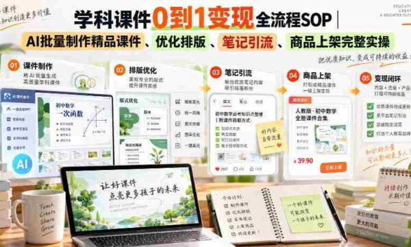 学科课件0到1变现全流程SOP｜AI批量制作精品课件、优化排版、笔记引流、商品上架完整实操​