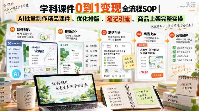 学科课件0到1变现全流程SOP｜AI批量制作精品课件、优化排版、笔记引流、商品上架完整实操​