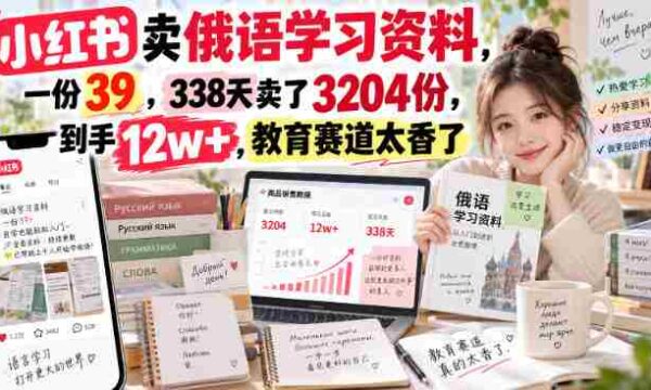 小红书卖俄语学习资料，一份39，338天卖了3204份，到手12w+，教育赛道太香了