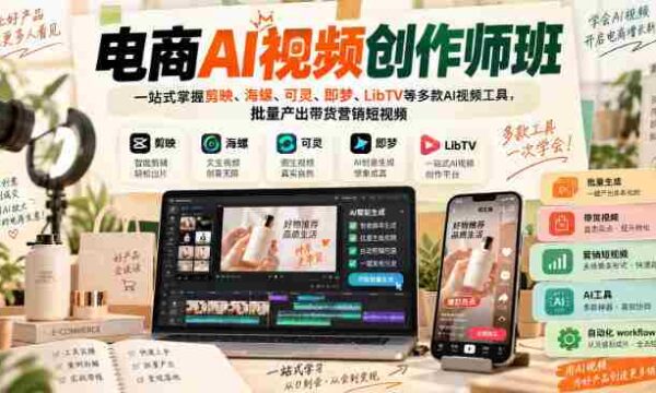 电商AI视频创作师班，一站式掌握剪映、海螺、可灵、即梦、LibTV等多款AI视频工具，批量产出带货营销短视频