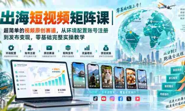 出海短视频矩阵课｜超简单的视频原创赛道，从环境配置账号注册到发布变现，零基础完整实操教学