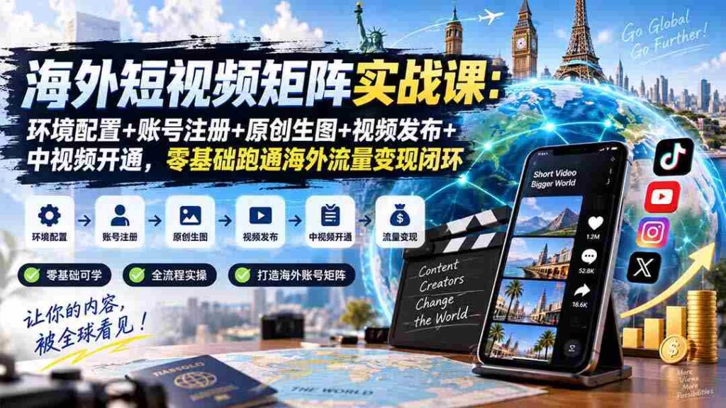 海外短视频矩阵实战课：环境配置+账号注册+原创生图+视频发布+中视频开通，零基础跑通海外流量变现闭环