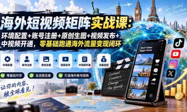 海外短视频矩阵实战课：环境配置+账号注册+原创生图+视频发布+中视频开通，零基础跑通海外流量变现闭环