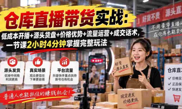 仓库直播带货实战：低成本开播+源头货盘+价格优势+流量运营+成交话术，一节课2小时4分钟掌握完整玩法