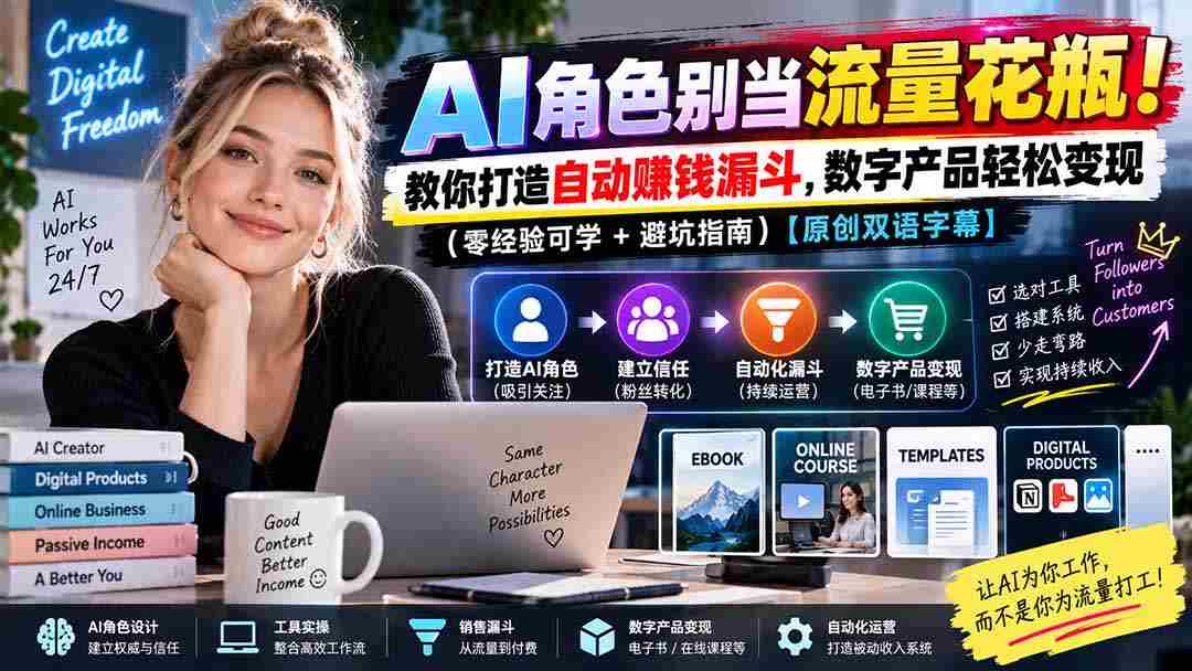 AI角色别当流量花瓶！教你打造自动赚钱漏斗，数字产品轻松变现（零经验可学+避坑指南）【原创双语字幕】