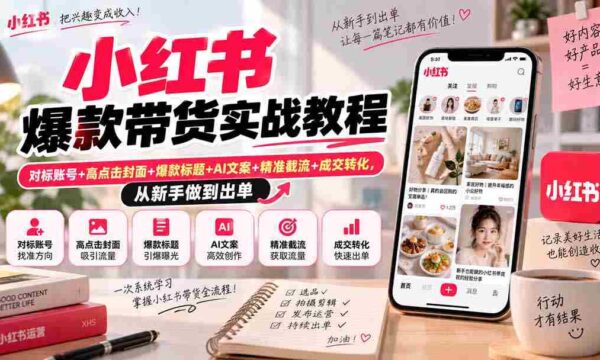 小红书爆款带货实战教程｜对标账号+高点击封面+爆款标题+AI文案+精准截流+成交转化，从新手做到出单