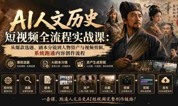 AI人文历史短视频全流程实战课-更新：从爆款选题、剧本分镜到人物资产与视频剪辑，系统跑通内容创作流程