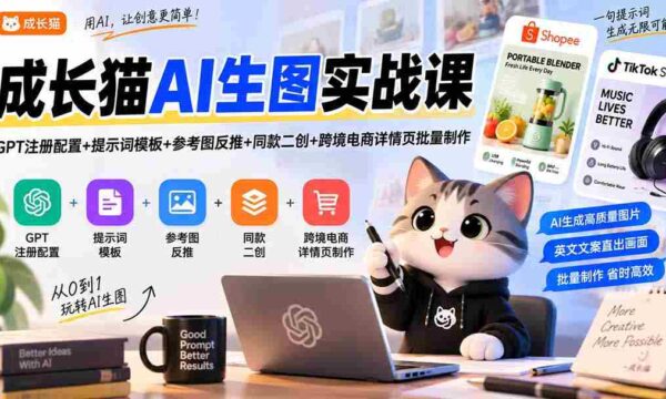 成长猫AI生图实战课｜GPT注册配置+提示词模板+参考图反推+同款二创+跨境电商详情页批量制作