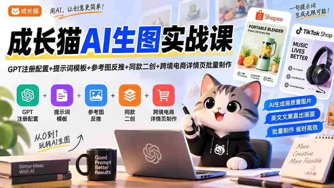 成长猫AI生图实战课｜GPT注册配置+提示词模板+参考图反推+同款二创+跨境电商详情页批量制作