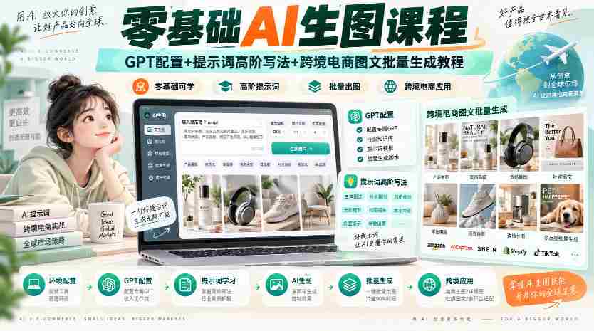 零基础AI生图课程，GPT配置+提示词高阶写法+跨境电商图文批量生成教程