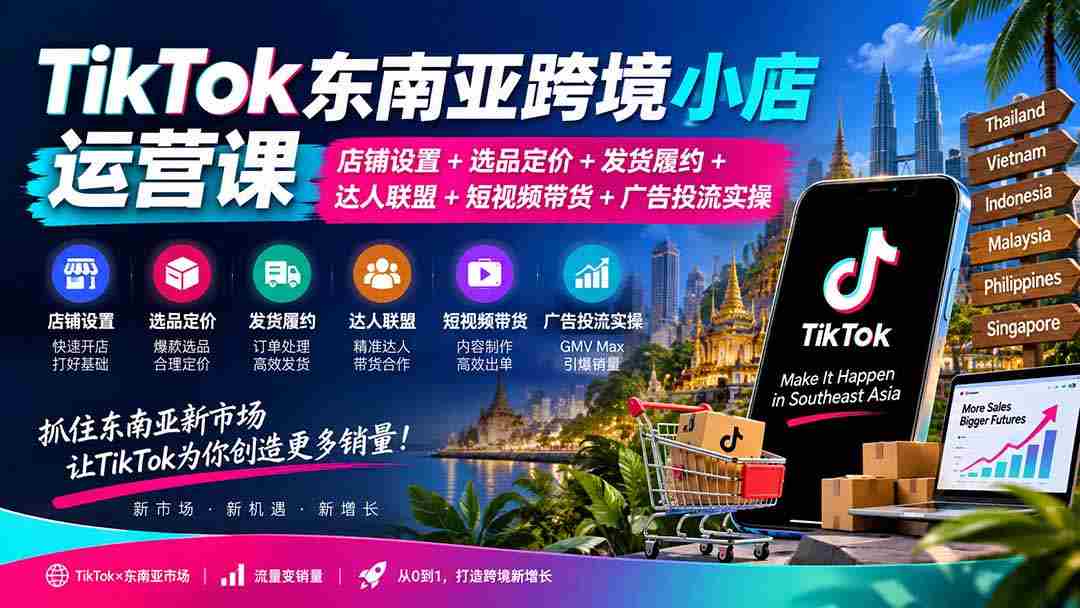 TikTok东南亚跨境小店运营课：店铺设置+选品定价+发货履约+达人联盟+短视频带货+广告投流实操
