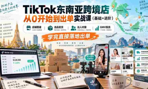 TikTok东南亚跨境店从0开始到出单实战课（基础+进阶），店铺搭建、选品发货、达人对接、GMV投流，学完直接落地出单