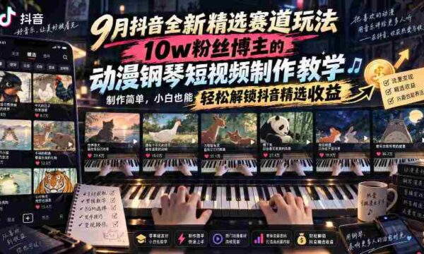 9月抖音全新精选赛道玩法，10w粉丝博主的动漫钢琴短视频制作教学，制作简单，小白也能轻松解锁抖音精选收益