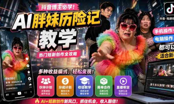 抖音博主的AI胖妹历险记教学，伙伴计划+分成计划+收徒+商单等多种收益，适合新手，手机电脑都可以操作