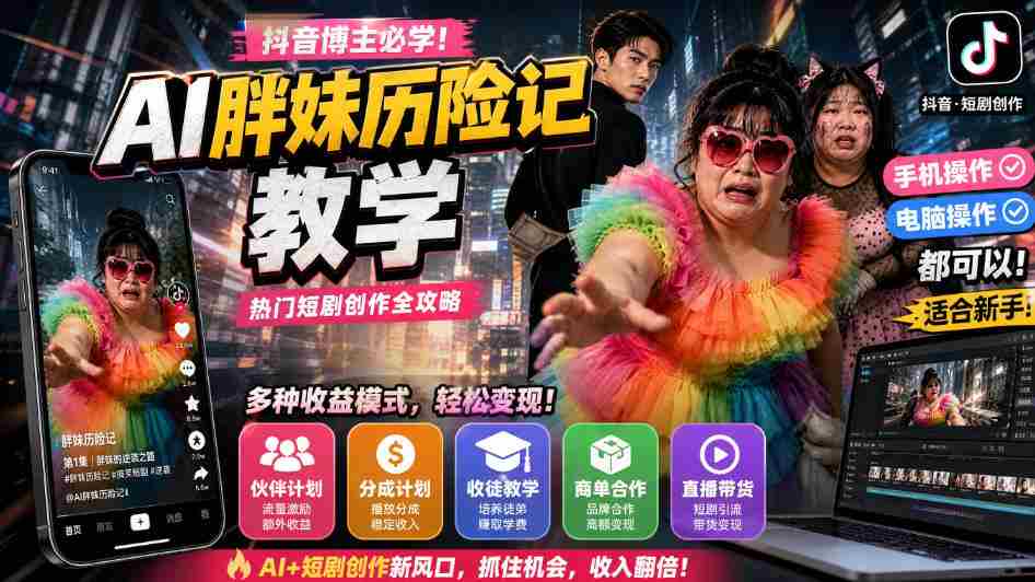抖音博主的AI胖妹历险记教学，伙伴计划+分成计划+收徒+商单等多种收益，适合新手，手机电脑都可以操作