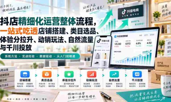 李哥电商-抖店精细化运营整体流程，一站式吃透店铺搭建、类目选品、体验分拉升、动销玩法、自然流量与千川投放
