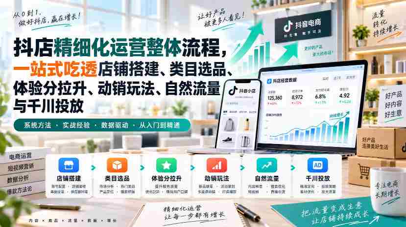 李哥电商-抖店精细化运营整体流程，一站式吃透店铺搭建、类目选品、体验分拉升、动销玩法、自然流量与千川投放