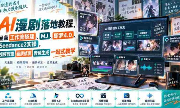 AI漫剧落地教程，涵盖工作流搭建、MJ、即梦4.0、Seedance2实操，视频剪辑画质修复音频生成一站式教学