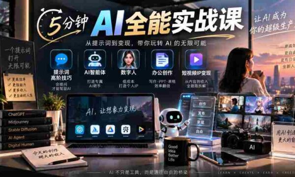 5分钟AI全能实战课｜提示词高阶技巧+AI智能体+数字人+办公创作+短视频IP变现全教程