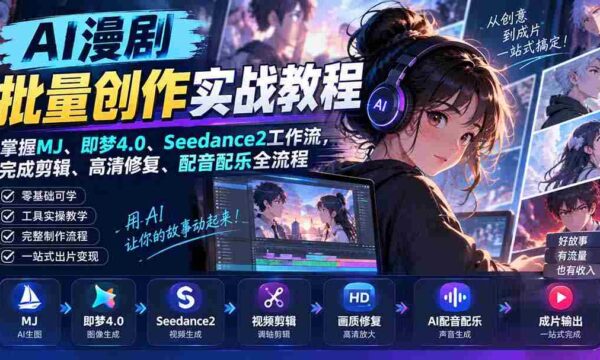 AI漫剧批量创作实战教程：掌握MJ、即梦4.0、Seedance2工作流，完成剪辑、高清修复、配音配乐全流程