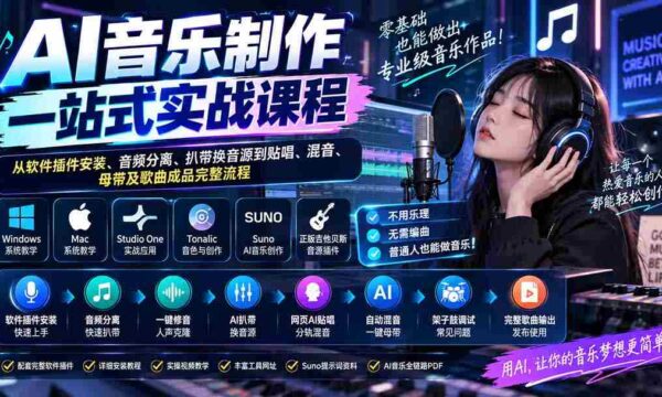 AI音乐制作一站式实战课程：从软件插件安装、音频分离、扒带换音源到贴唱、混音、母带及歌曲成品完整流程