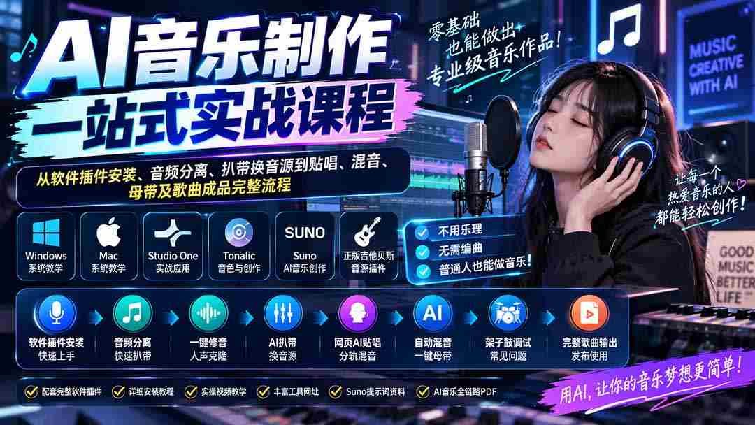AI音乐制作一站式实战课程：从软件插件安装、音频分离、扒带换音源到贴唱、混音、母带及歌曲成品完整流程