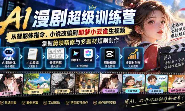 AI漫剧超级特训营：从智能体指令、小说改编到即梦小云雀生视频，掌握剪映精修与多题材短剧创作