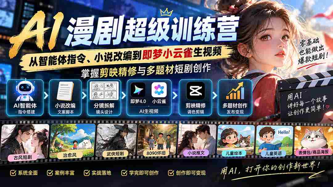 AI漫剧超级特训营：从智能体指令、小说改编到即梦小云雀生视频，掌握剪映精修与多题材短剧创作
