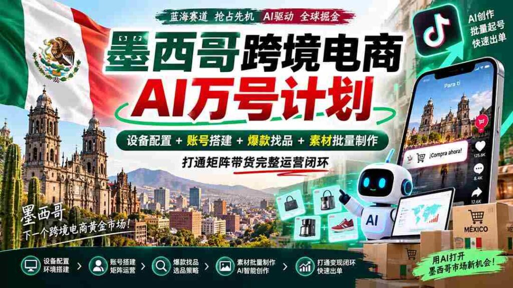 墨西哥AI跨境电商万号战略：全链路配置设备，构建账号，挖掘爆款，批量生成素材，实现矩阵带货全面运营