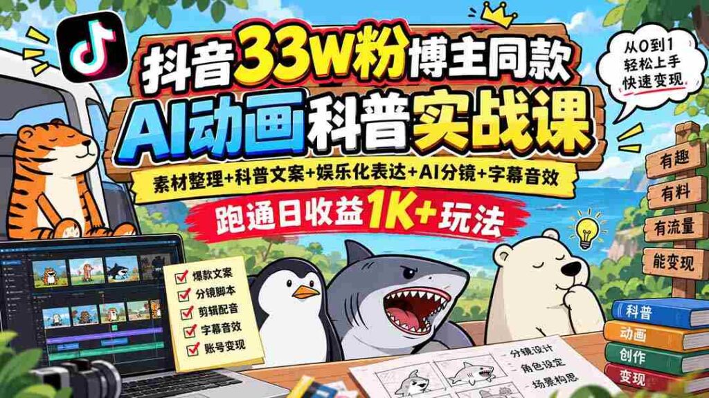 揭秘抖音33万粉丝大V独家AI动画教学：从素材到文案，娱乐表达，AI分镜，字幕音效全攻略，轻松实现日入过千！