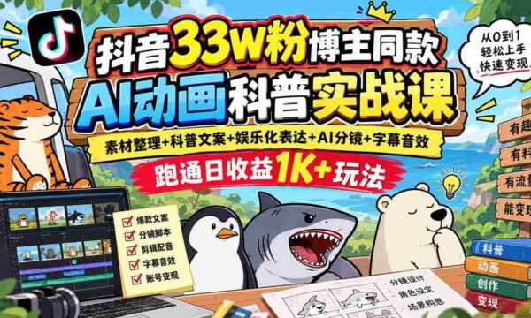 揭秘抖音33万粉丝大V独家AI动画教学：从素材到文案，娱乐表达，AI分镜，字幕音效全攻略，轻松实现日入过千！