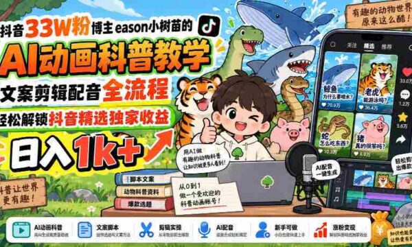 揭秘抖音热门博主eason小树苗：AI动画教学全攻略，文案剪辑配音一网打尽，轻松赚取日入过千！