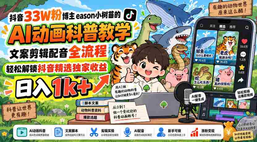 揭秘抖音热门博主eason小树苗：AI动画教学全攻略，文案剪辑配音一网打尽，轻松赚取日入过千！