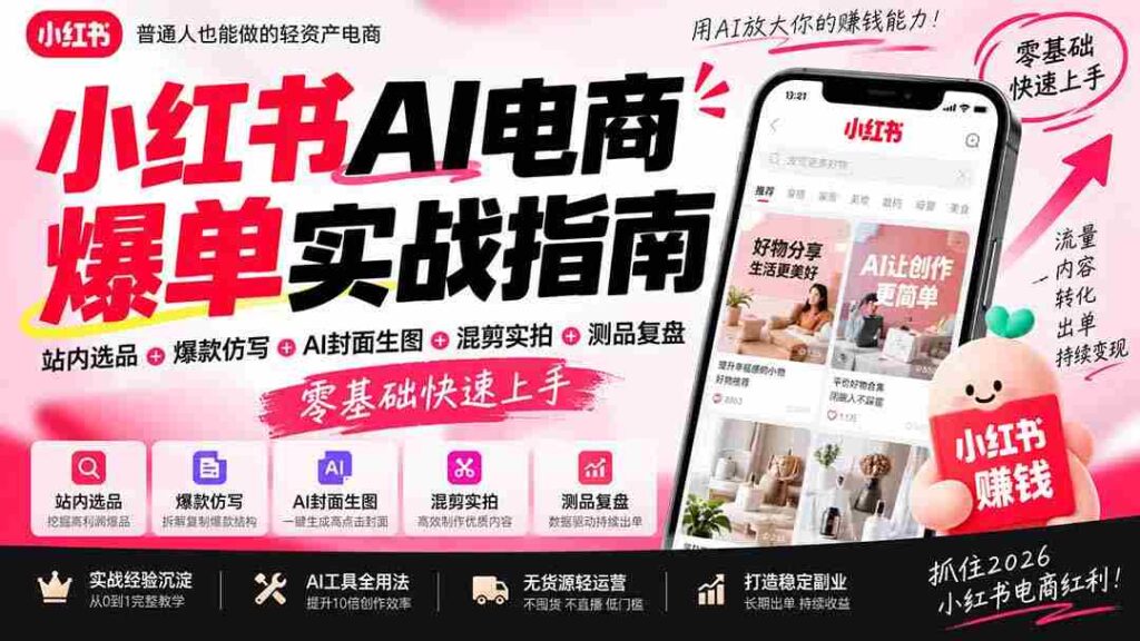 2026年小红书AI电商爆款攻略：站内精选商品+创意爆款复制+智能封面设计+混合剪辑+产品测试复盘，新手轻松掌握实操技巧