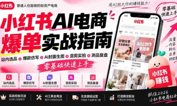 2026年小红书AI电商爆款攻略：站内精选商品+创意爆款复制+智能封面设计+混合剪辑+产品测试复盘，新手轻松掌握实操技巧