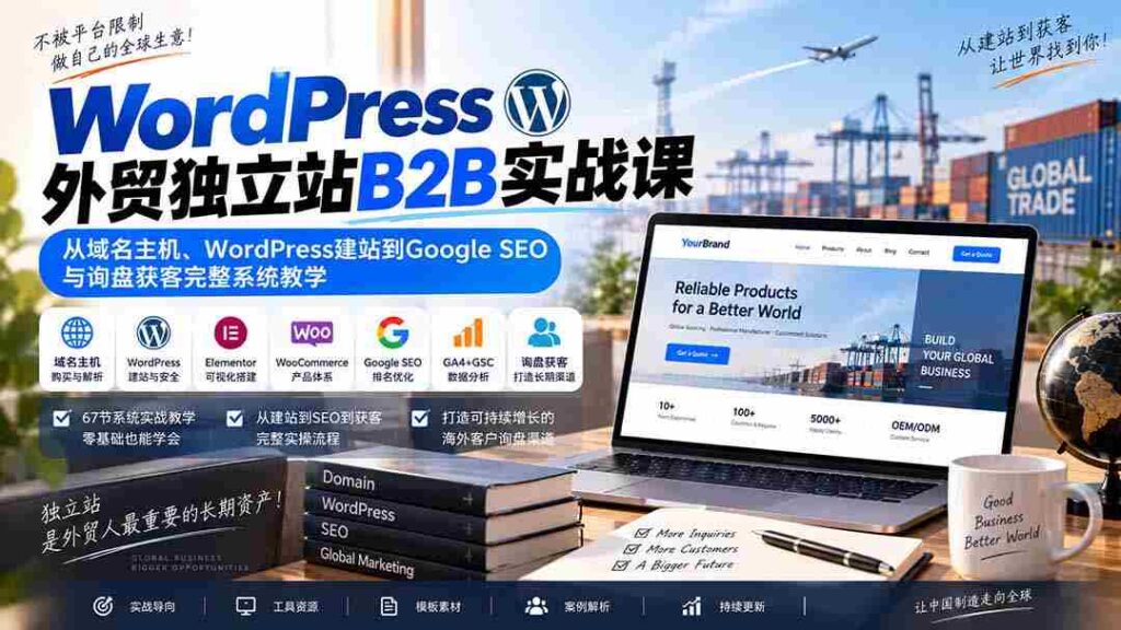 深度解析WordPress外贸B2B独立站全流程：涵盖域名注册、网站搭建、谷歌SEO优化及客户询盘获取策略教学