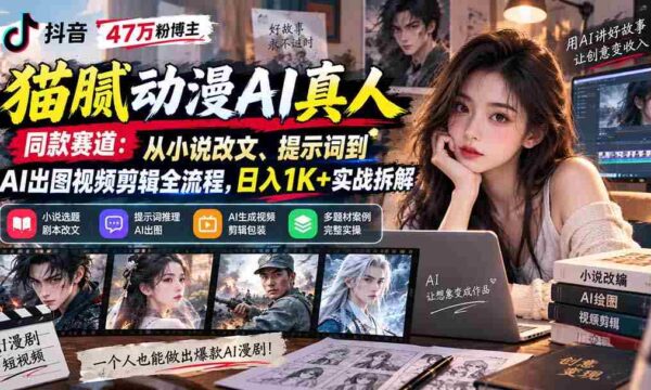 抖音47万粉博主猫腻动漫AI真人同款赛道：从小说改文、提示词到AI出图视频剪辑全流程，日入1K+实战拆解