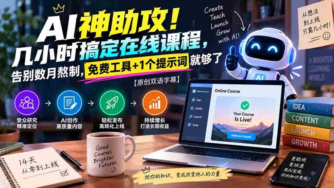 智能助手大显神通，短短数小时制作完成在线课程，摆脱漫长制作期，只需免费工具与一关键提示词即可，原创双语字幕呈现！