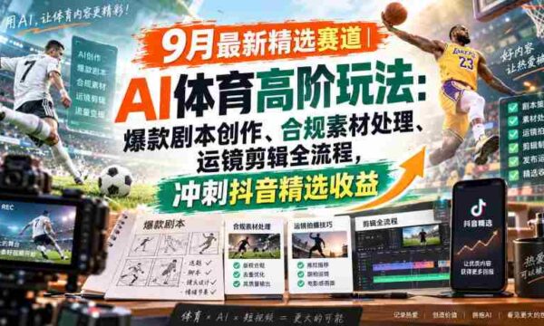 某大佬的9月最新精选赛道之AI体育顶级玩法，爆款剧本创作、版权规避、运镜剪辑全流程，稳拿抖音精选收益