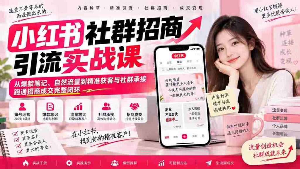 揭秘小红书社群营销全攻略：零水印课程带你玩转爆款笔记，实现自然引流与精准客户获取，打造招商成交闭环
