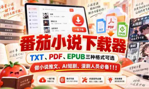 精选番茄小说下载神器，支持TXT、PDF、EPUB格式，小说推广、AI短剧、漫画剧制作必备利器！