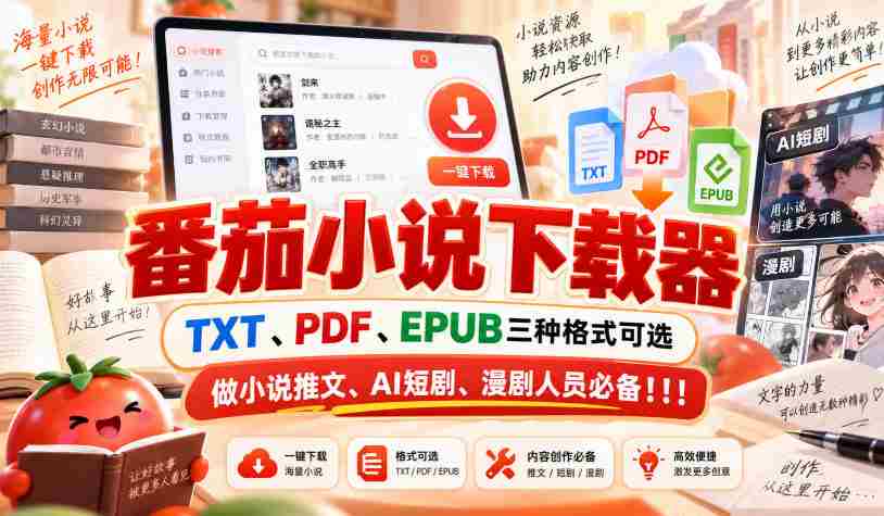 精选番茄小说下载神器，支持TXT、PDF、EPUB格式，小说推广、AI短剧、漫画剧制作必备利器！
