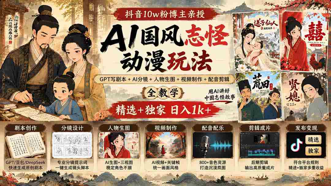揭秘抖音百万粉丝大V揭秘AI国风动漫创作秘诀：GPT剧本编写+AI分镜指导+角色生图+视频剪辑制作全教程，精选攻略日入千元不是梦