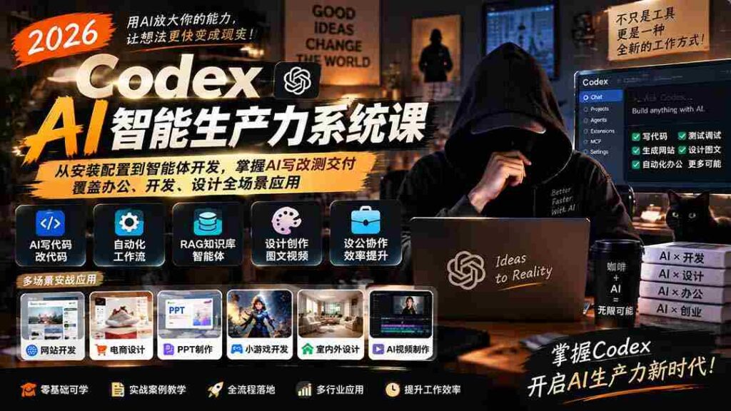 2026年Codex AI智能生产力课程升级版：全方位学习AI技术，从安装到开发，精通AI写作、修改、测试与交付，适用办公、开发、设计各领域
