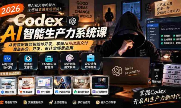 2026年Codex AI智能生产力课程升级版：全方位学习AI技术，从安装到开发，精通AI写作、修改、测试与交付，适用办公、开发、设计各领域