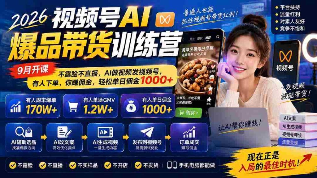 2026年视频号AI爆款带货课程来袭！9月启航，无需露脸直播，AI帮你制作与发布，订单源源不断，佣金日入千余，轻松赚钱！